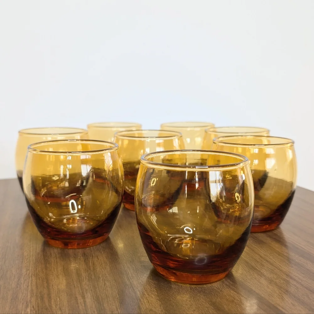 Set Of 8 Vintage 60s 70s MCM Amber Color Roly Poly Glasses Whiskey Stemless Wine